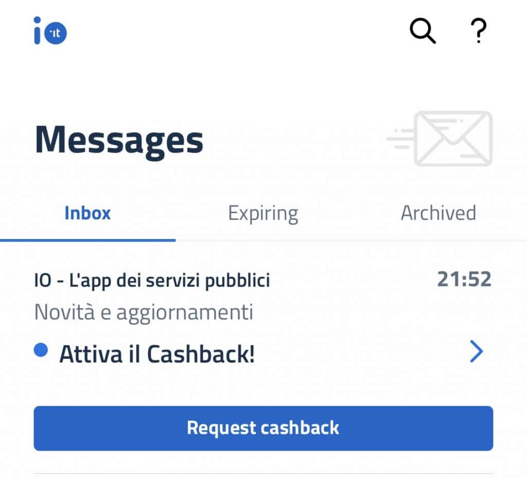 Pagina iniziale della IO App per il cashback