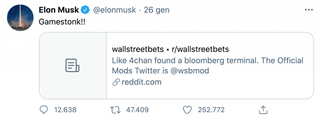 Tweet di Elon Musk su GameStop