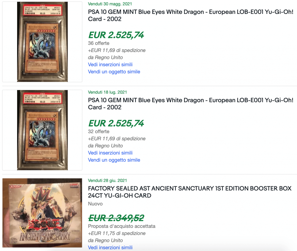 Carte di Yu-Gi-Oh vendute ultimamente su eBay