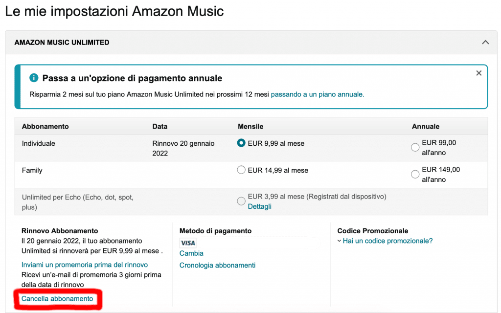 Cancelliamo l'abbonamento di Amazon Music