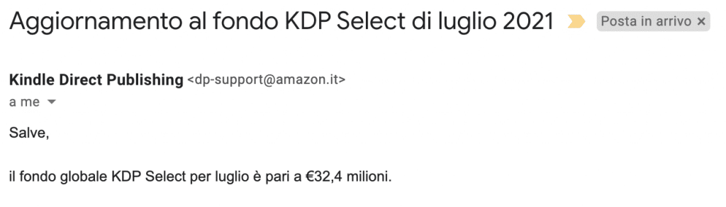 Mail che comunica il fondo KDP di Amazon