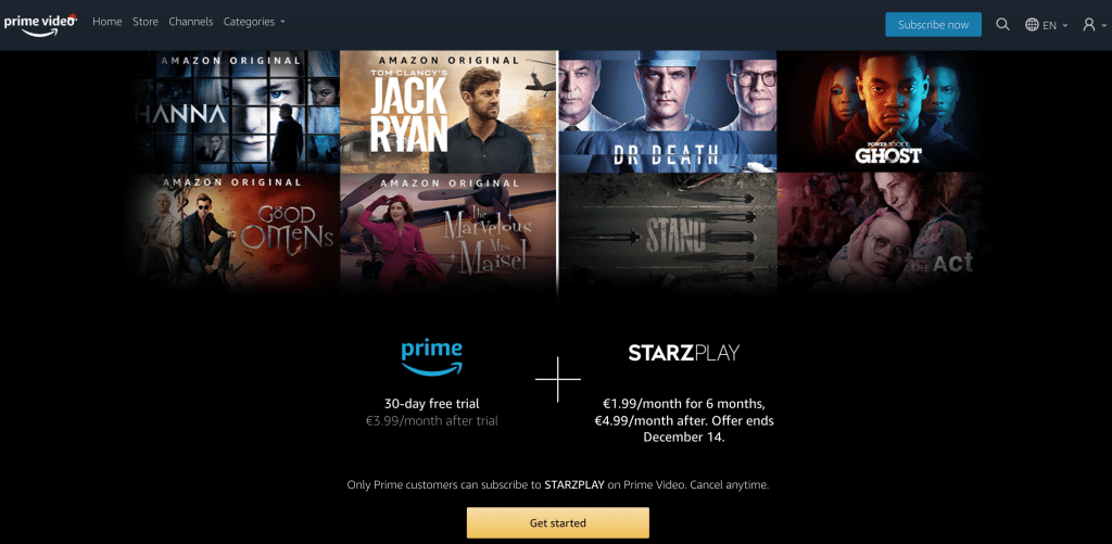 Pagina di Starz Play su Amazon Prime Video