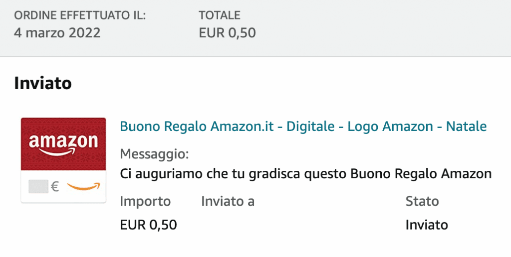 Il mio buono Amazon che sblocca il bonus da 10€
