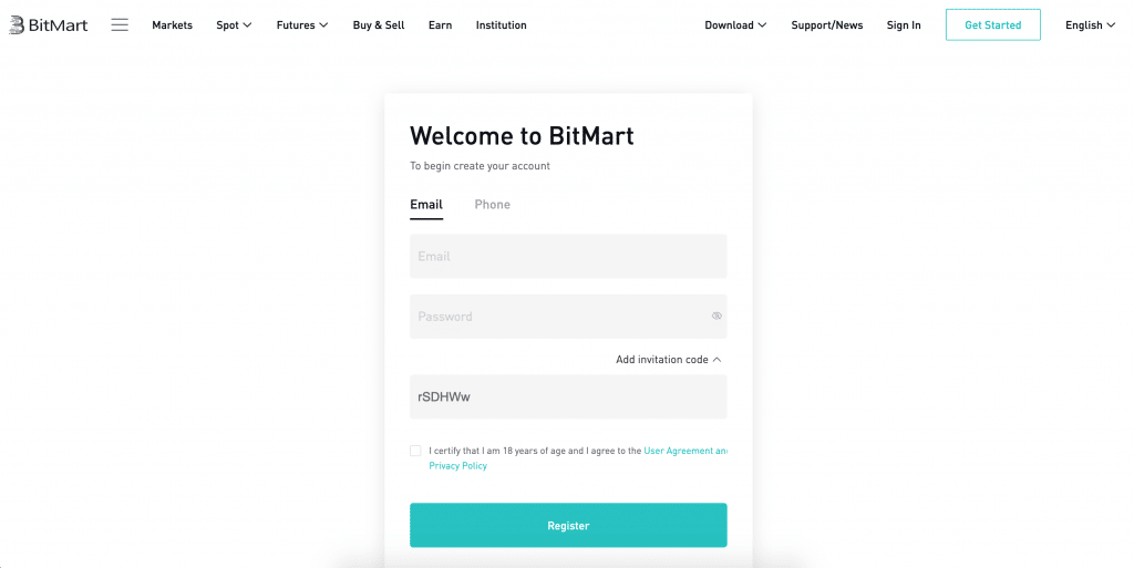 Prima fase di registrazione a BitMart per poter ottenere euro dagli SG di Social Good
