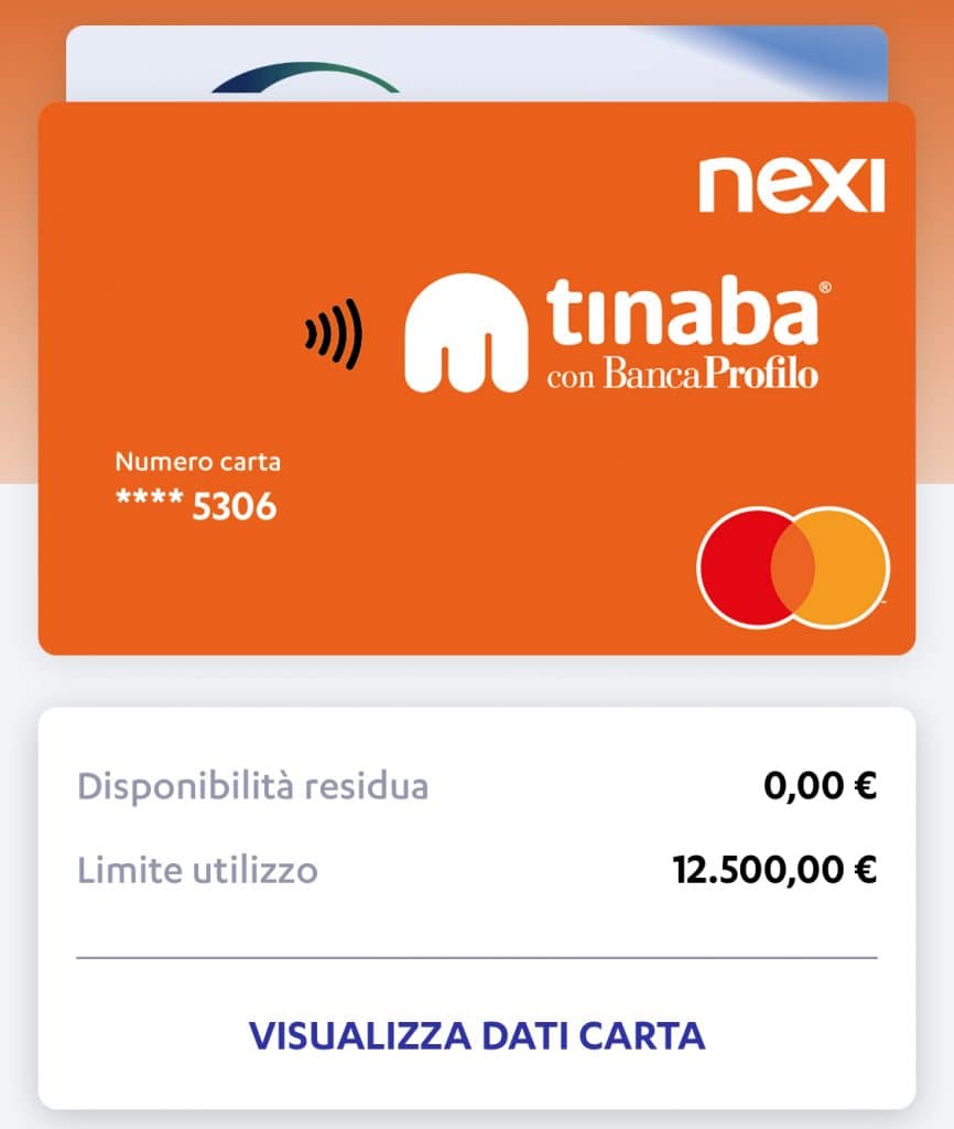 La carta Tinaba appare nella nostra app NEXI in maniera automatica