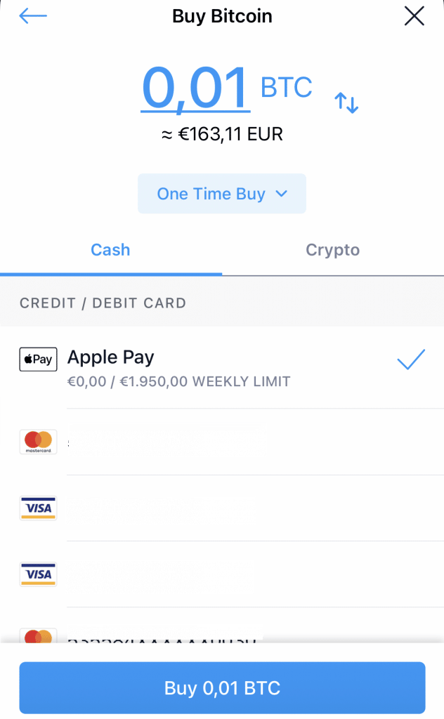 Compriamo Bitcoin con Apple Pay o carte di credito o debito Visa o Mastercard.