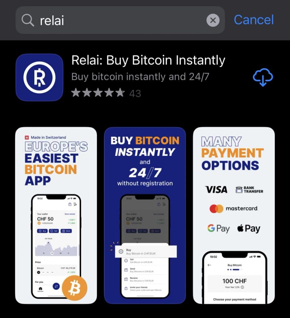 Per installare Relai e comprare BTC dobbiamo prima scaricare la app dallo store