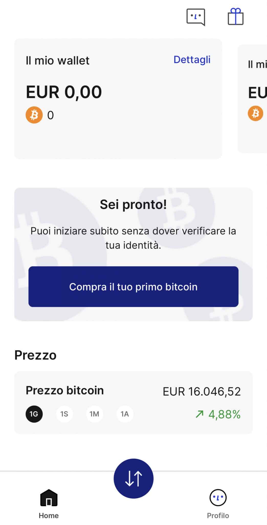 Schermata principale di Relai, con la possibilità di comprare o vendere Bitcoin