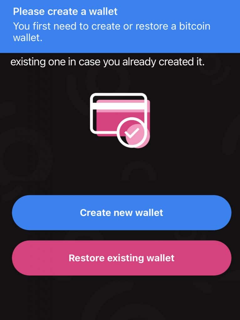 Messaggio che ci spinge a creare o importare un wallet su Bitkipi