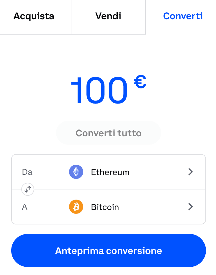 Faccio lo swap di 100€ di Ethereum per comprare Bitcoin su Coinbase