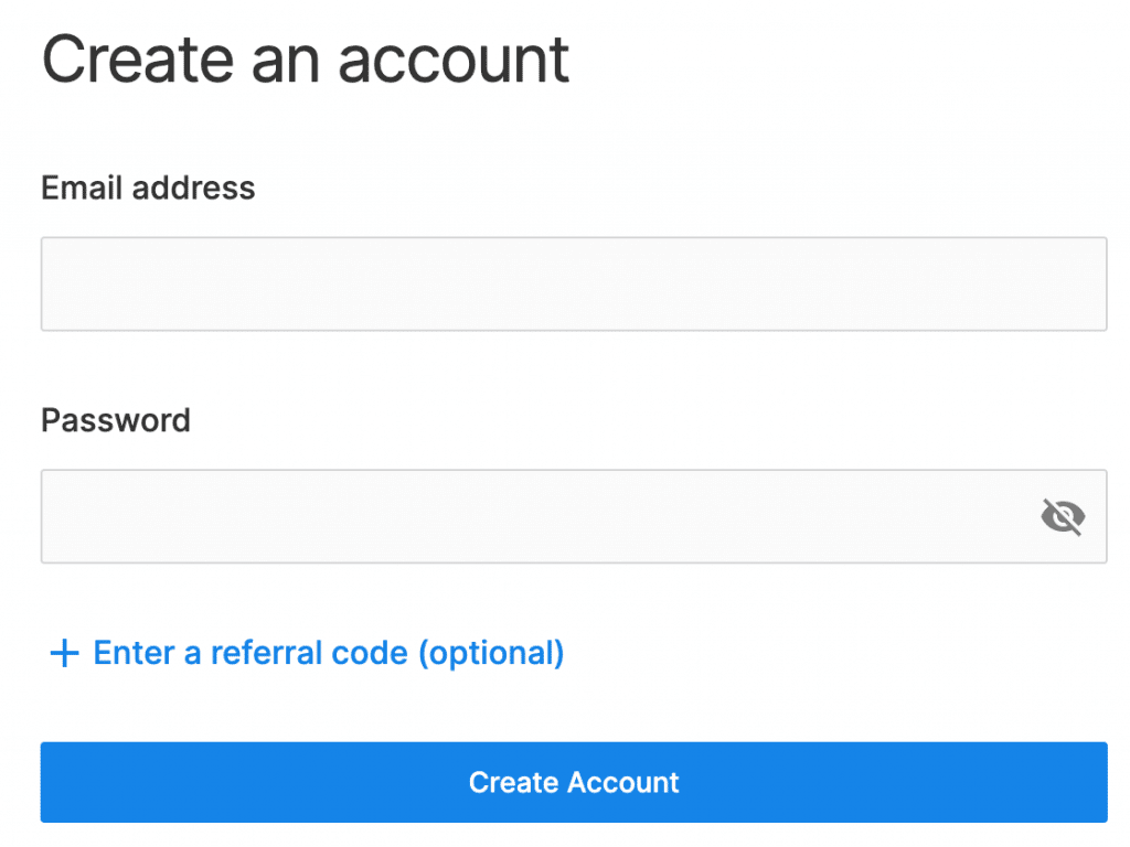 Per registrarsi a Bittrex dobbiamo inserire solo indirizzo mail e password