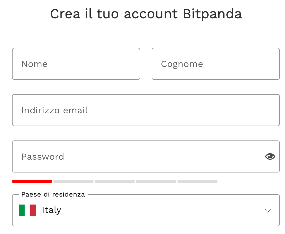Form di registrazione con i campi per registrarsi a Bitpanda