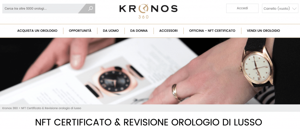 Certificato di autenticità in NFT sul sito di Kronos360
