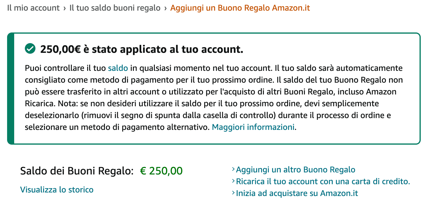 Il deposito di 250€ con buono Amazon di Bitrefill ha funzionato