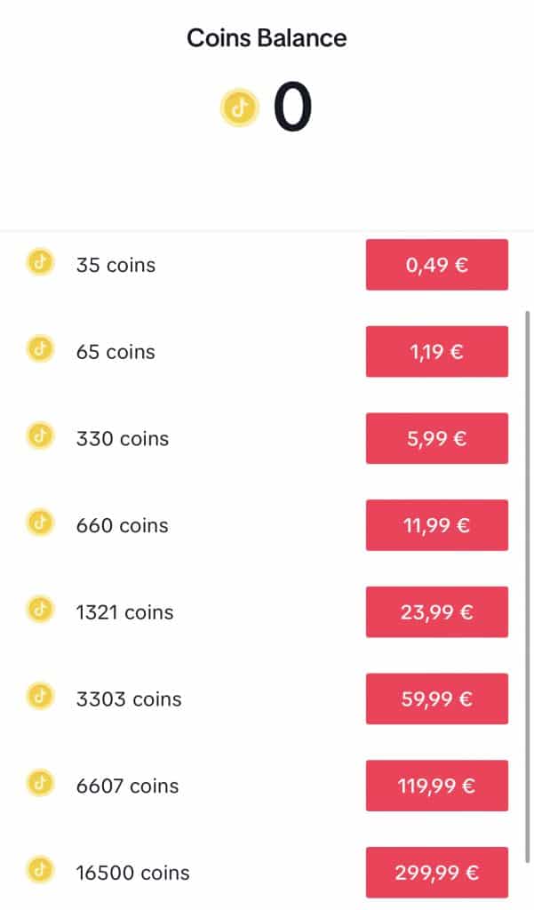 Lista dei prezzi di acquisto delle monete su TikTok