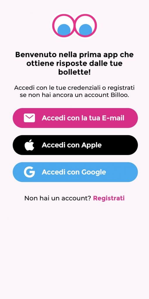 Effettua la registrazione con mail, account Apple o Gmail